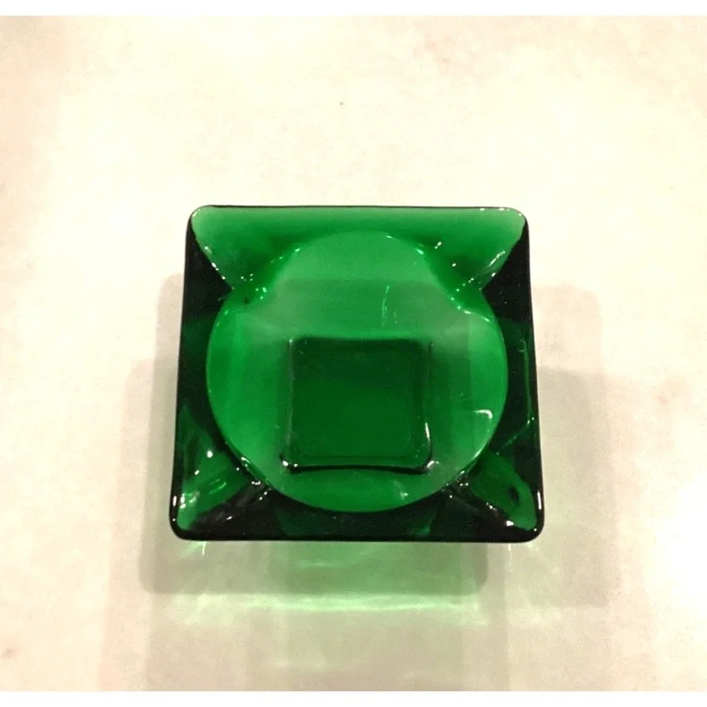 Small Emerald Green Ashtray Glass 3.5 Inch Square Vintage Cigarette Cigar